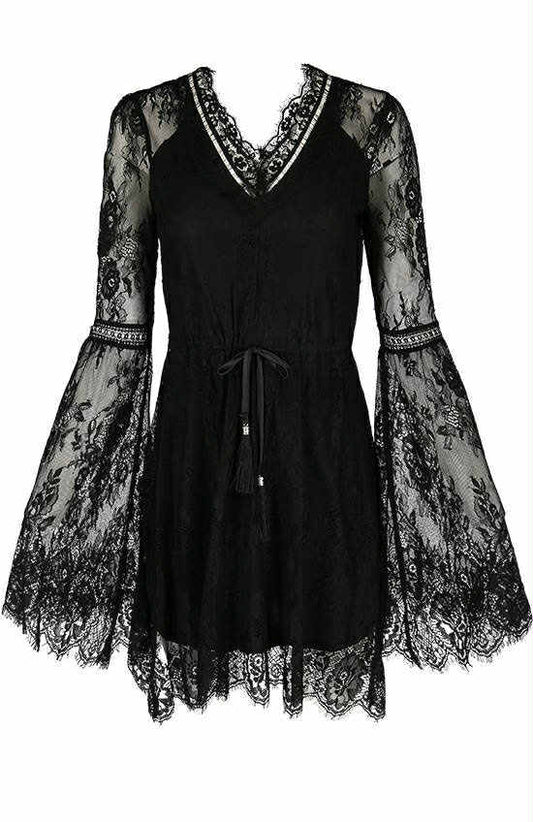 Gotycka Koronkowa Sukienka z rozszerzanymi rękawami